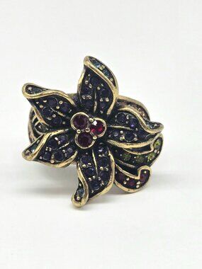 Heidi Daus Vintage Flower Ring Size 6 | Antiqued Bronze Crystal Statement Ring